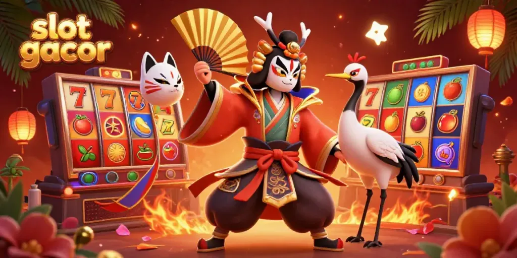 Spin and win with slot gacor, featuring vibrant slot reels, kabuki warrior, and lucky symbols.