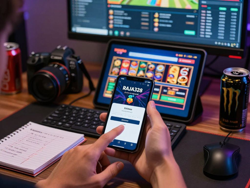 Engaging online experience with link raja328 on smartphone amidst gaming setup.