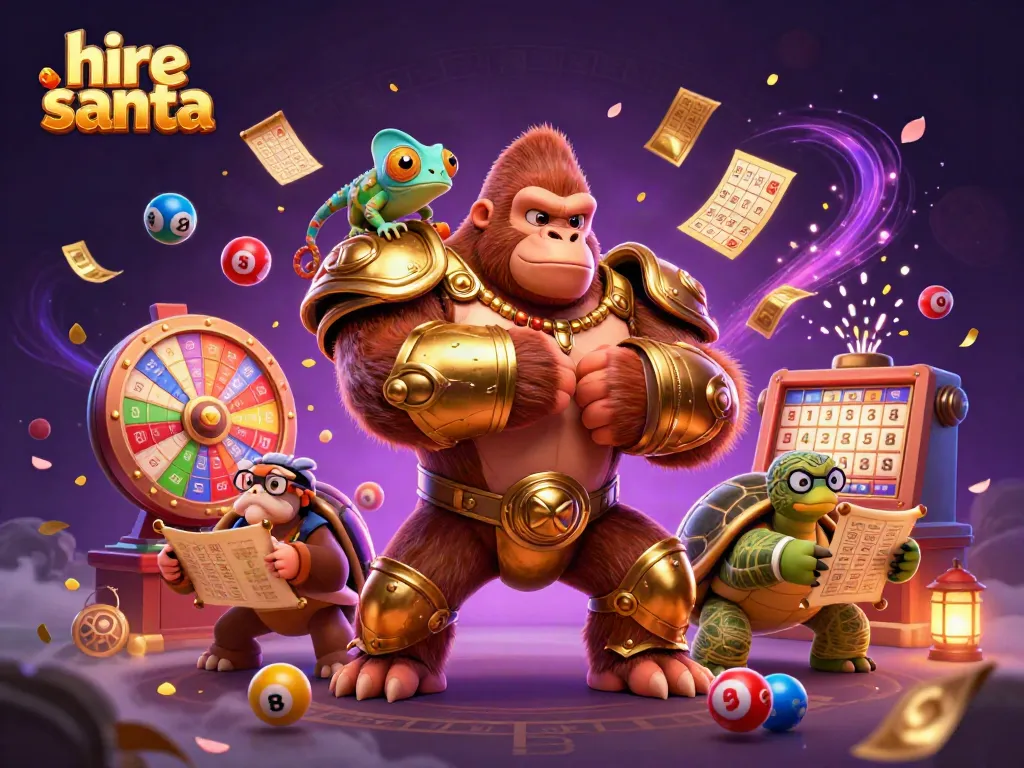 Hire Santa as a colorful cartoon scene featuring gambling elements and festive characters