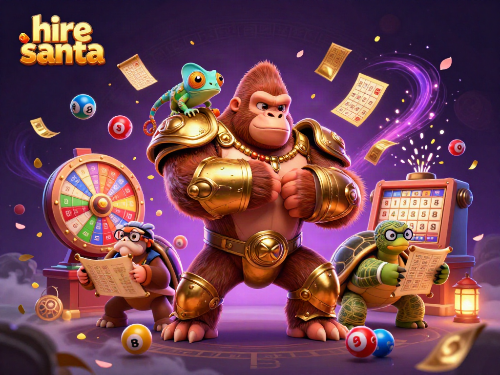 Hire Santa as a colorful cartoon scene featuring gambling elements and festive characters