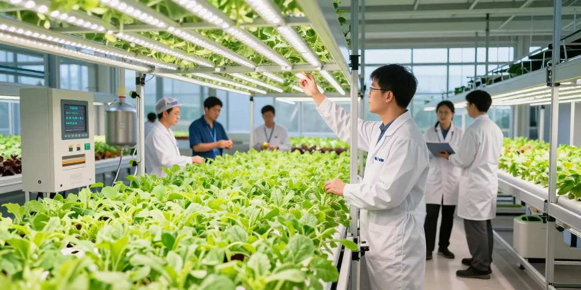 CIKA4D team optimizing indoor agriculture systems with advanced technology and vertical farming setups in a modern facility.