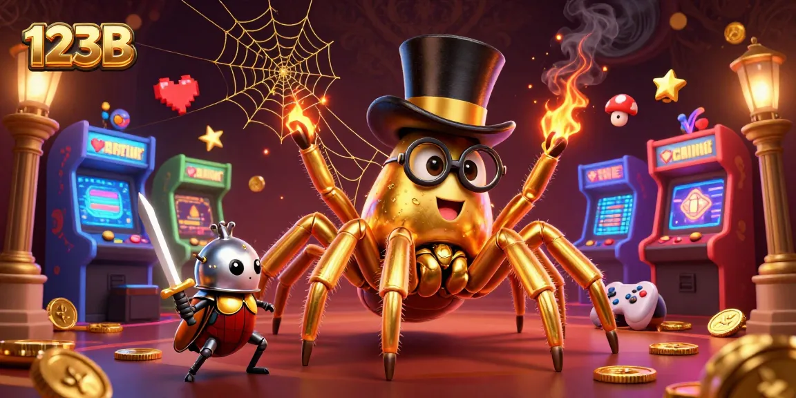 Experience thrilling gaming at 123B with a golden tarantula and beetle knight in an enchanting casino setting.