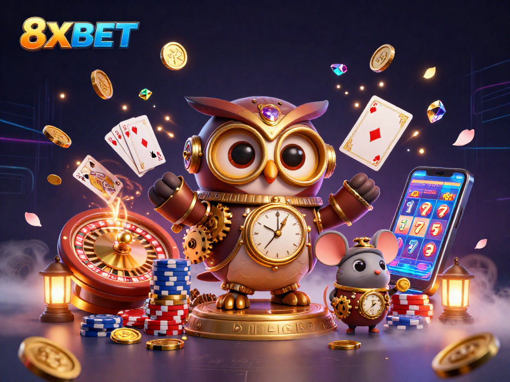 Engage with the vibrant 8XBET universe featuring dynamic casino elements and playful characters.