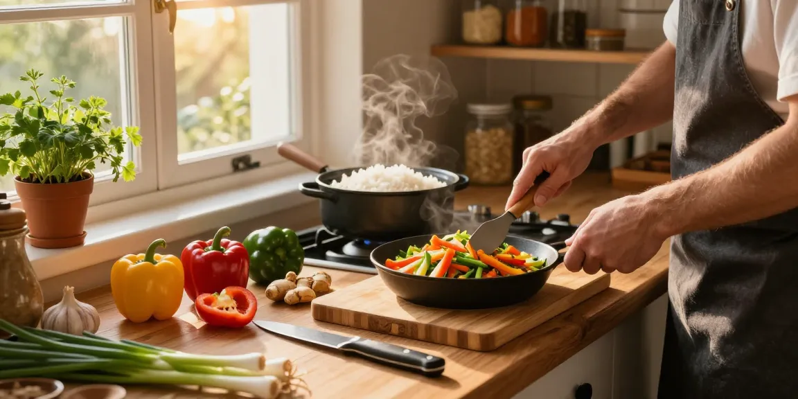 Preparing fresh vegetable stir-fry with ginger and turmeric in cozy kitchen, showcasing the benefits of สล็อตเว็บตรง in health.