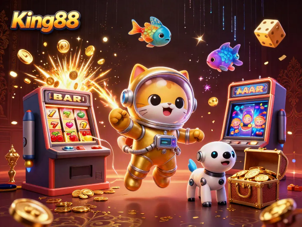 Engage in thrilling gameplay at King88 with a playful astronaut cat exploring vibrant 3D casino elements.