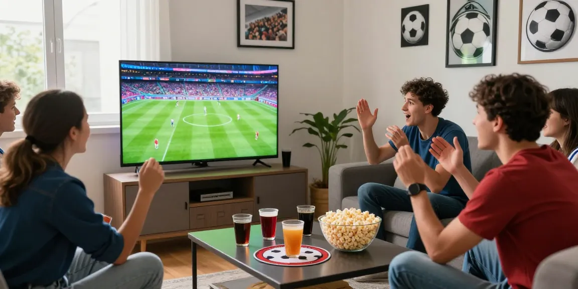 Enjoying a thrilling live soccer match while watching مباريات اليوم with friends in a lively home setting.