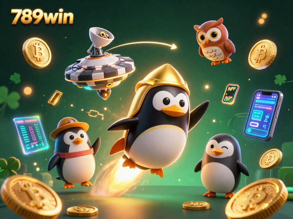 Join the adventure in 789win with a golden penguin racing through a vibrant gambling-themed galaxy.