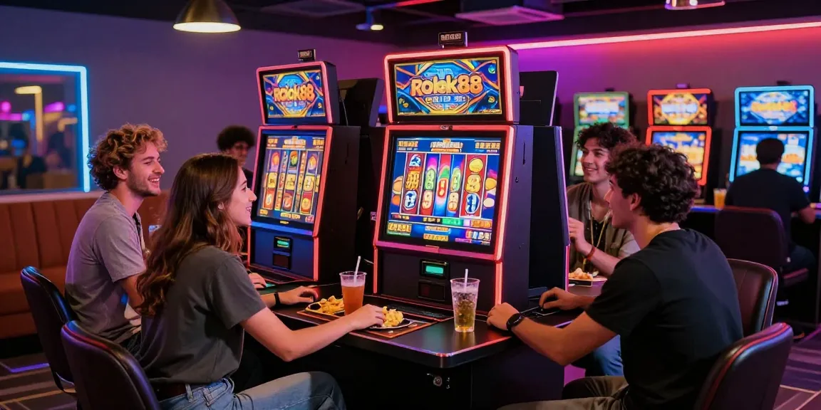 Friends experiencing the excitement of the rokok88 slot gaming machine in a vibrant gaming room.
