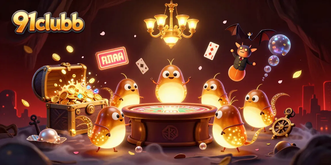 Explore the vibrant 91clubb casino scene with glowworms and a bat dealer amidst riches and games.