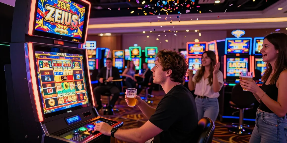 Player enjoying zeus slot machine at a lively casino, bright lights and festive atmosphere.