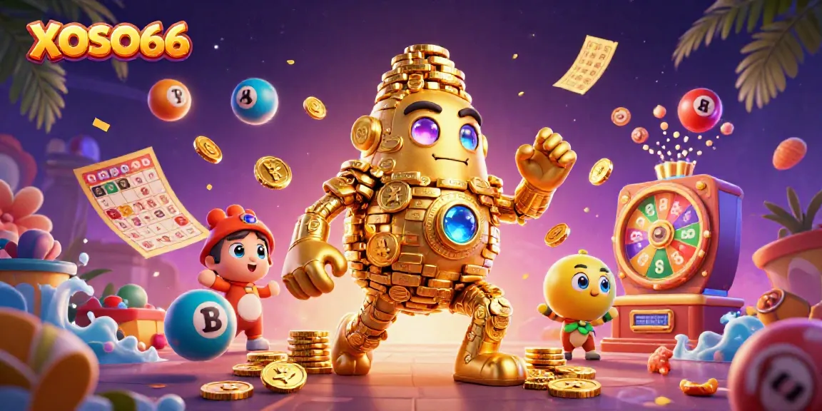 XOSO66 brings excitement with vibrant lottery balls and a golden golem in 3D casino illustration.
