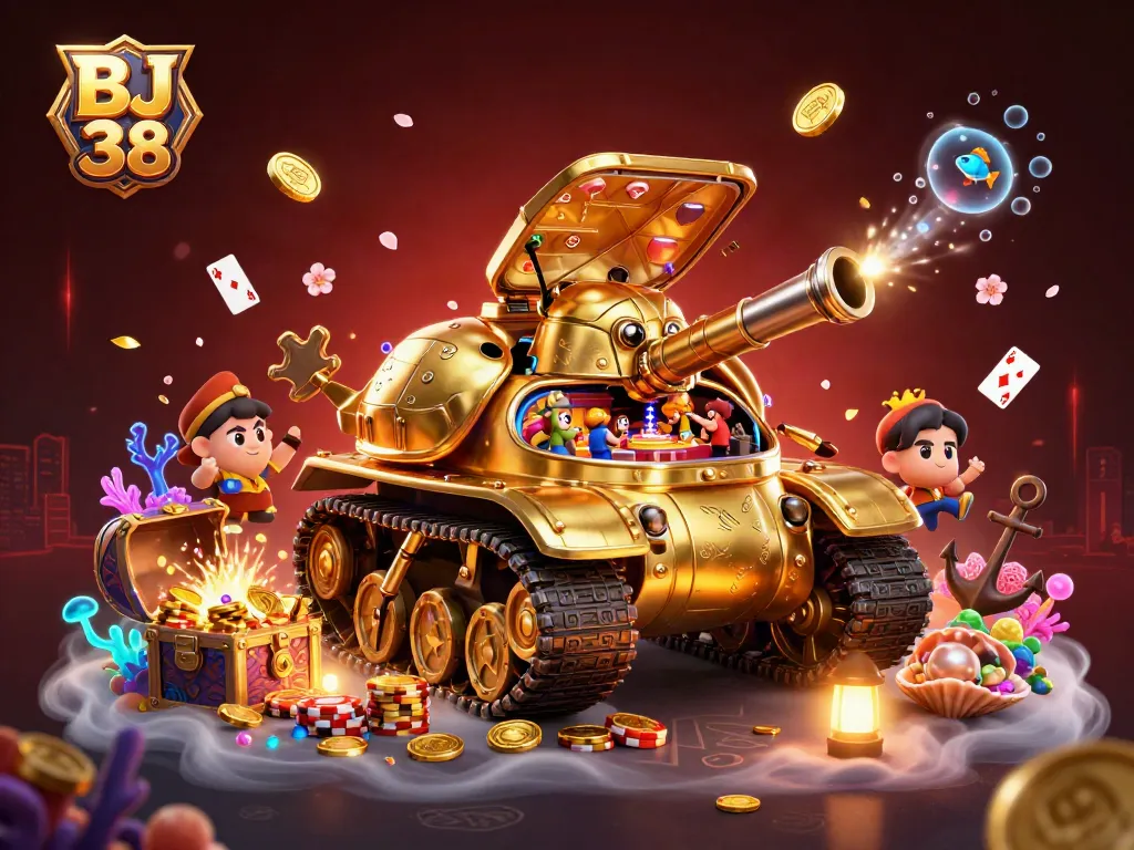 Experience thrilling gameplay with BJ 38 through a captivating 3D casino illustration showcasing vibrant characters and elements.