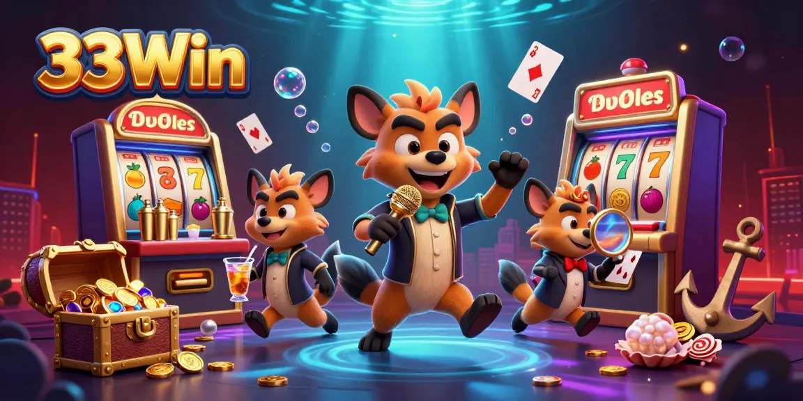 Hyenas perform comedy at 33Win casino with drinks and games in dynamic scene.