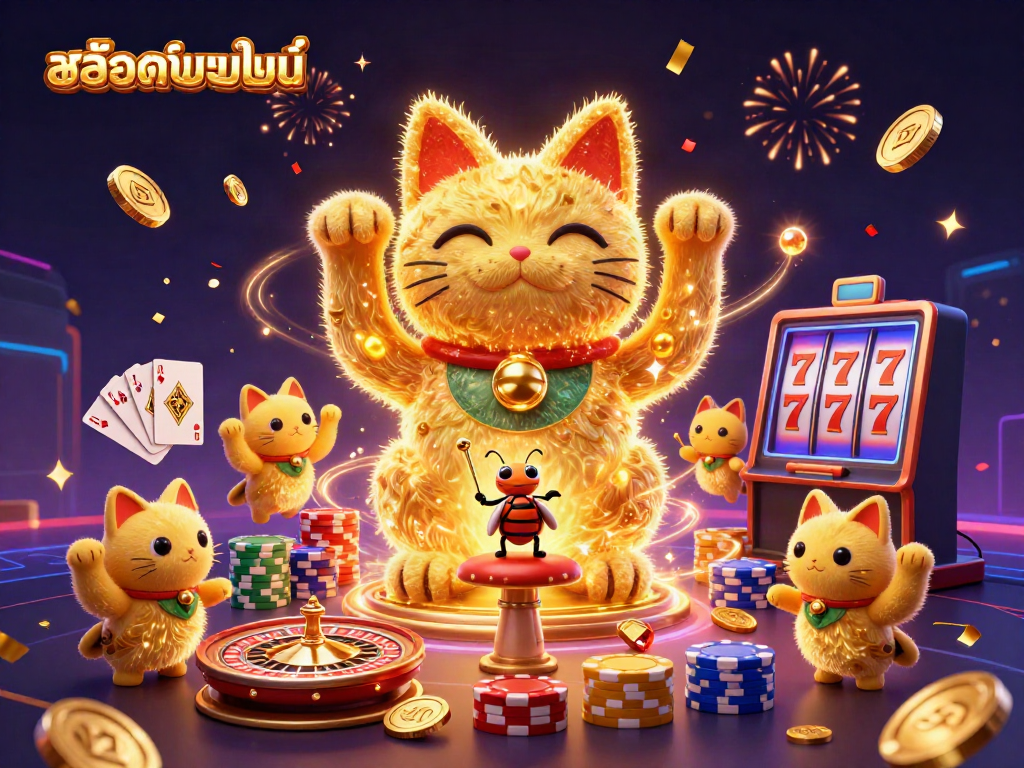 Celebrate excitement with สล็อตออนไลน์ featuring a giant lucky cat, coins, and dynamic casino symbols in a vibrant scene.
