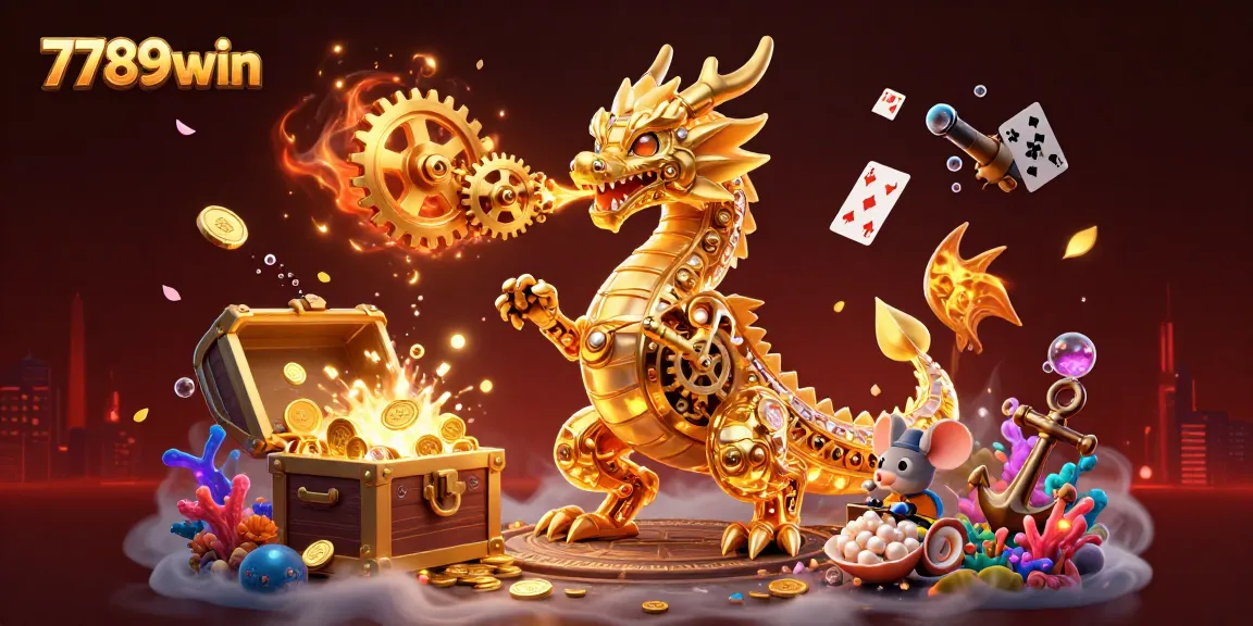 Engage with the thrilling world of 7789win, featuring a dragon and gold treasure in a vibrant 3D illustration.