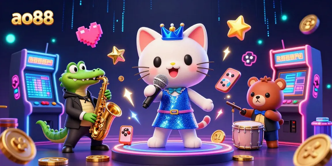 Jazz-singer cat performing at a casino with ao88 branding, featuring colorful arcade games and lively atmosphere.