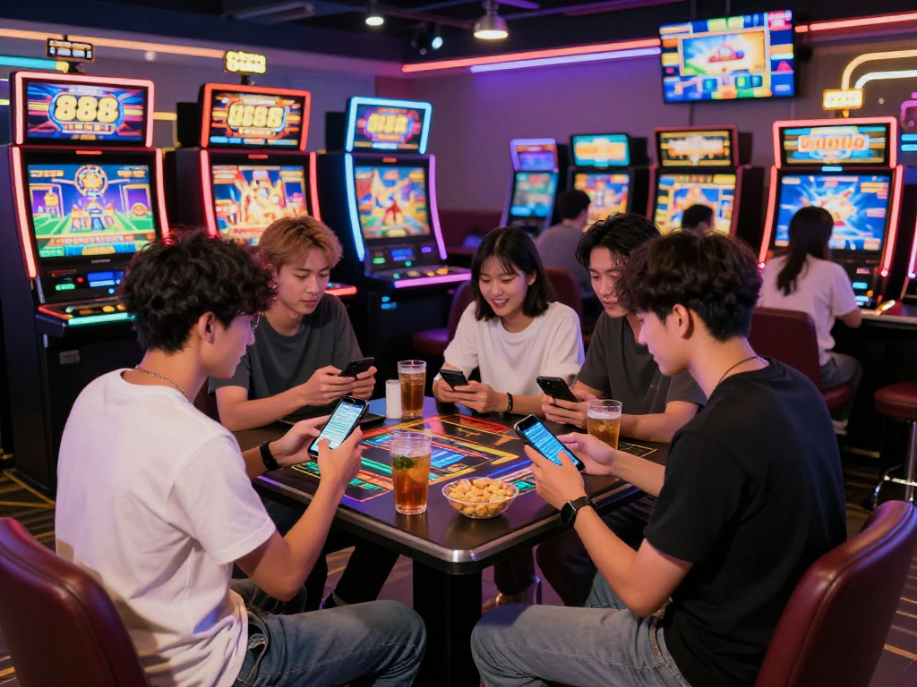 Group of friends enjoying slot88 gaming session in vibrant lounge atmosphere.