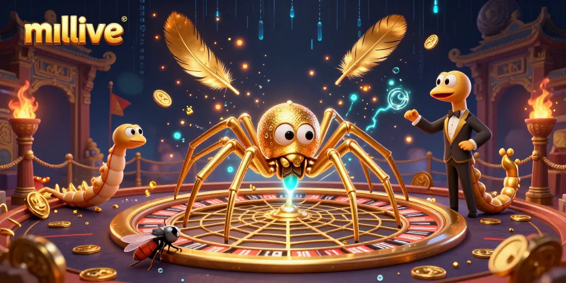 Experience high-energy live betting with mmlive's golden spider and croupier in a thrilling casino scene.