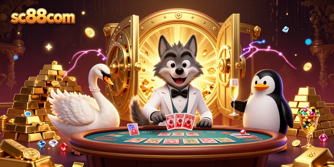 Experience excitement at sc88com with a chic wolf, elegant swan, and classy penguin at a baccarat table.