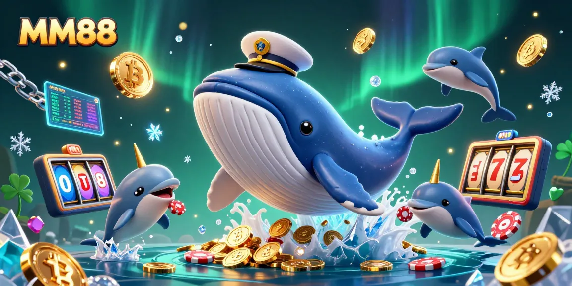 Join the excitement at MM88 with a whale and dolphins celebrating in a vibrant casino scene.