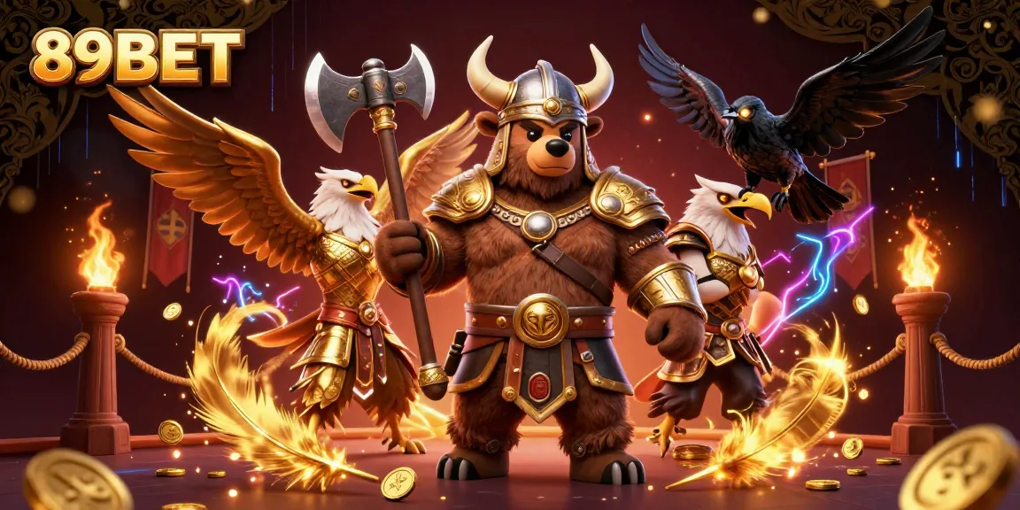 Engage with thrilling gaming on 89BET with a vibrant casino scene featuring a Viking bear, Valkyrie eagle, and glowing treasures.