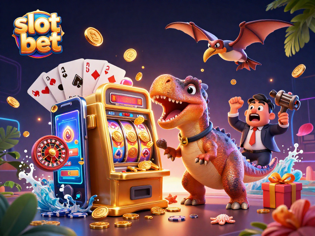 Menangkan slot bet dengan dinosaur 3D yang memecahkan mesin slot untuk mendapatkan koin jackpot berkilauan.