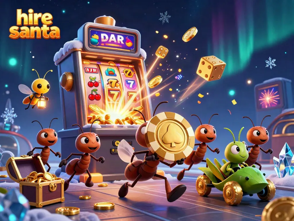 Hire Santa team of ants in a heist, surrounded by slot machine chaos, coins flying.