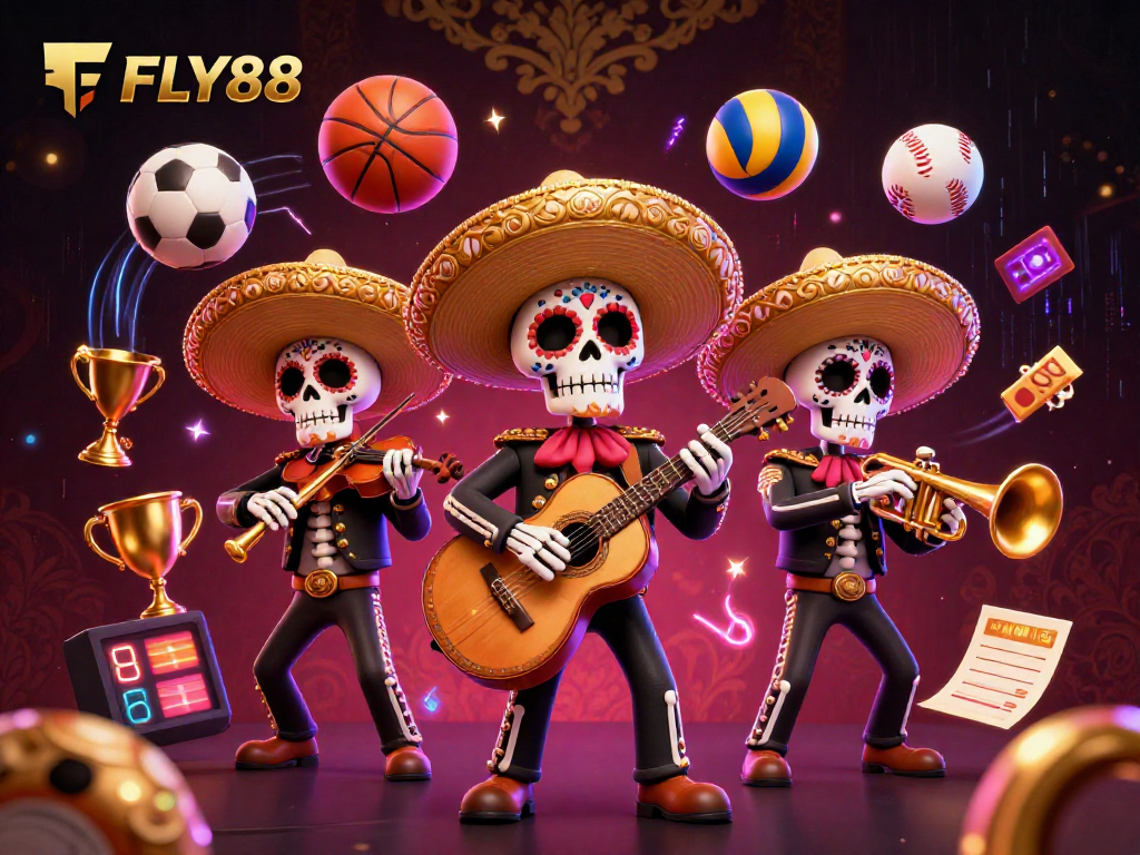 Experience thrilling FLY88 gaming action with vibrant 3D mariachi characters and dynamic sports elements.