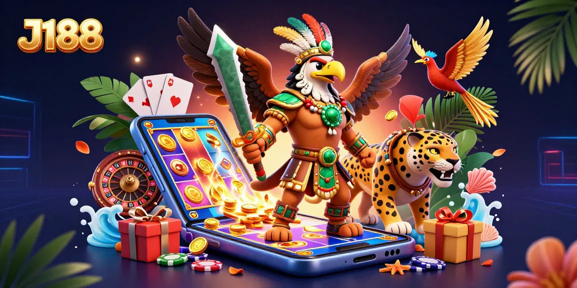 Experience the thrill of J188 with vibrant slot games and dynamic casino elements in a captivating illustration.