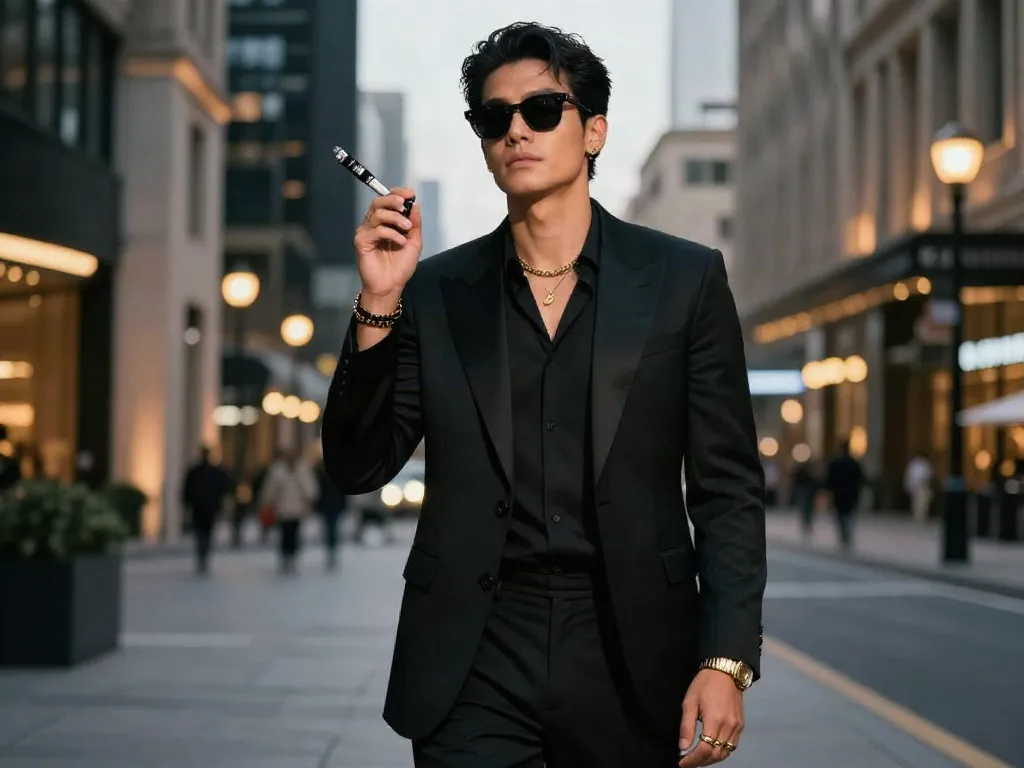 ROKOK88 character reflection in a modern urban setting, featuring a stylish individual in black attire.