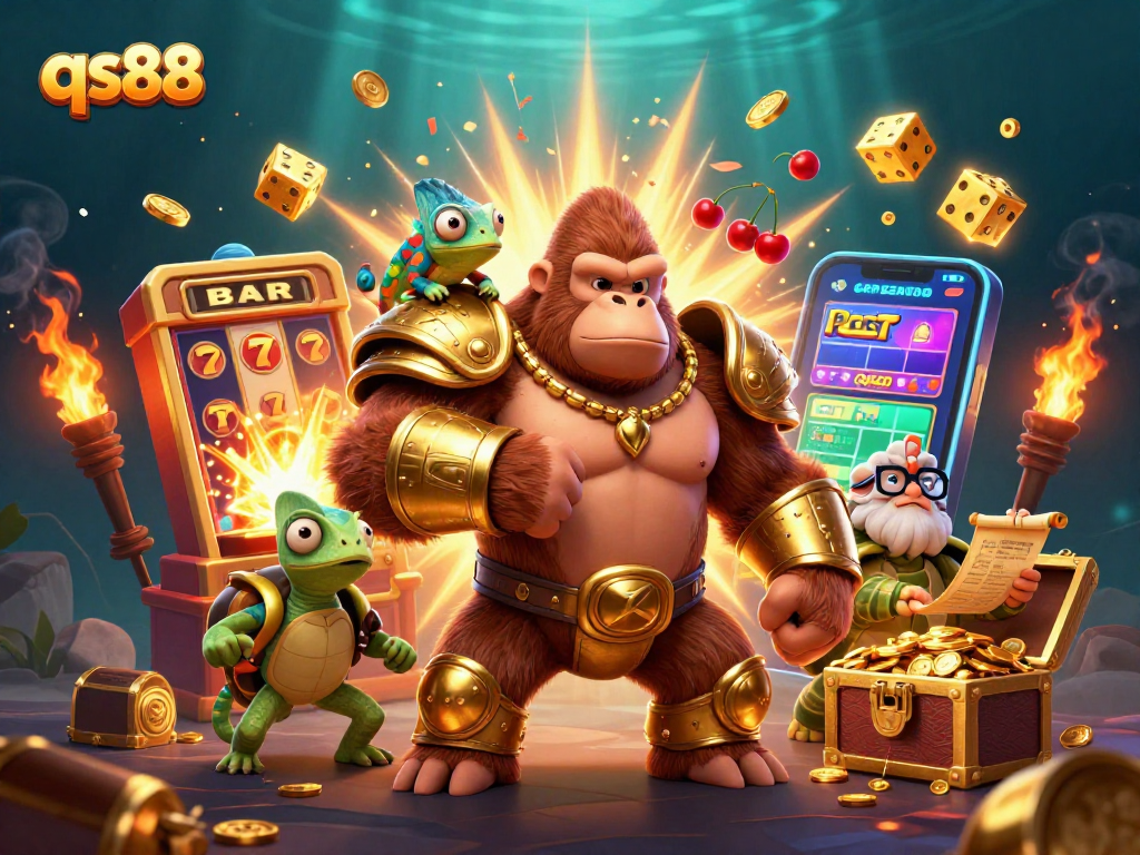 Experience the thrill of qs88 with a colorful illustration of a gorilla king and casino elements.