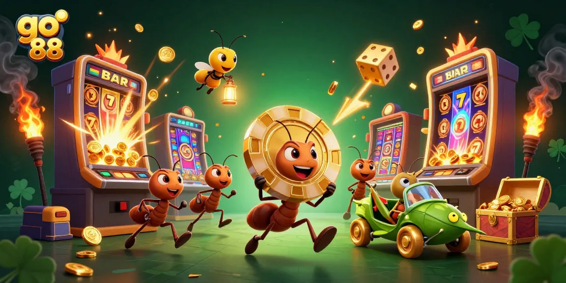 Experience go 88 thrills with ants on a heist, surrounded by bursting jackpots and shimmering casino symbols.
