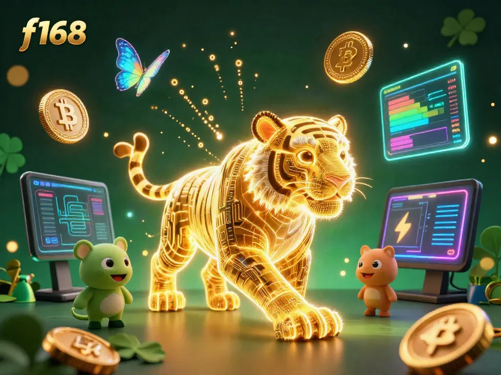 Experience thrilling gameplay at f168 with a glowing golden tiger amidst a dynamic digital casino.