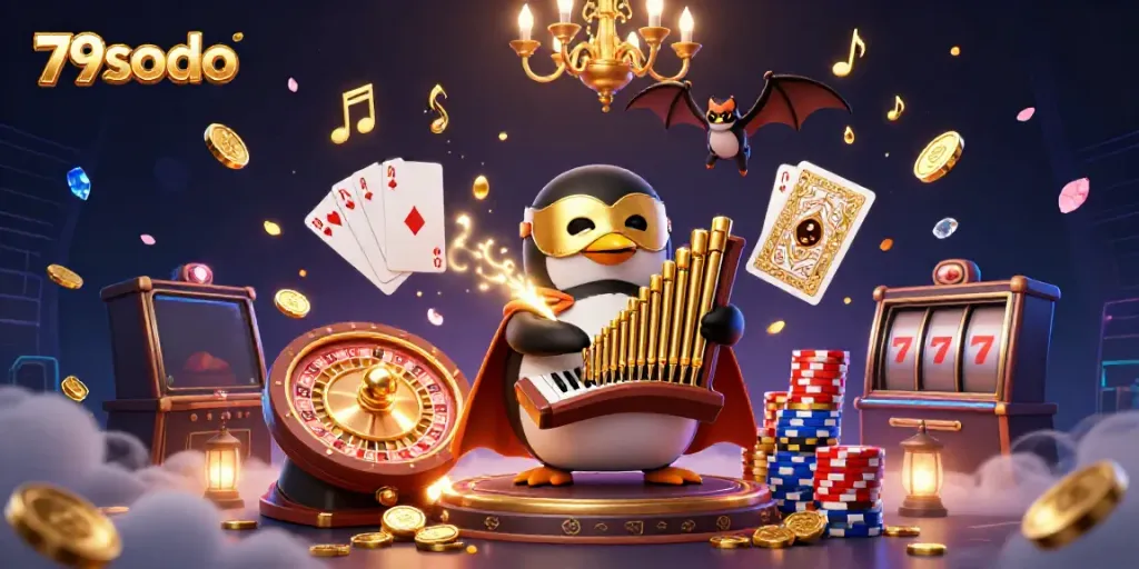 79sodo casino illustration showcasing a phantom penguin playing an organ that shoots coins, vibrant gaming elements