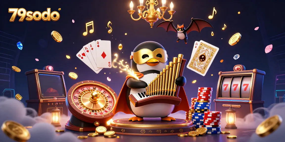 79sodo casino illustration showcasing a phantom penguin playing an organ that shoots coins, vibrant gaming elements