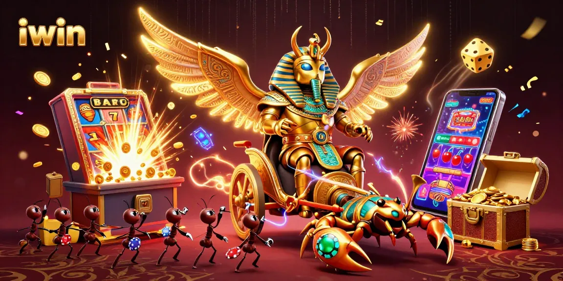 iwin's exciting jackpot celebration with a golden scarab beetle, scorpions, and casino elements