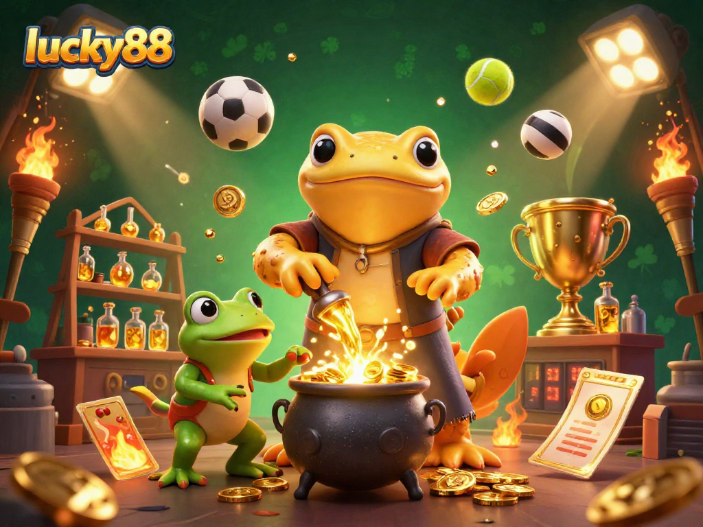 Engage with lucky88 in a vibrant 3D casino scene featuring a golden salamander alchemist.