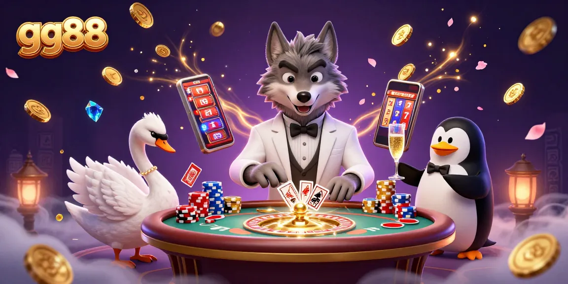 Experience winning with gg88 as a debonair wolf plays baccarat while an elegant swan deals cards and a penguin presents champagne.