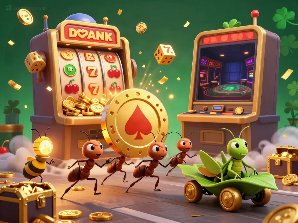 Experience the thrill of dagatructiepp with ants carrying a giant poker chip amidst casino elements.