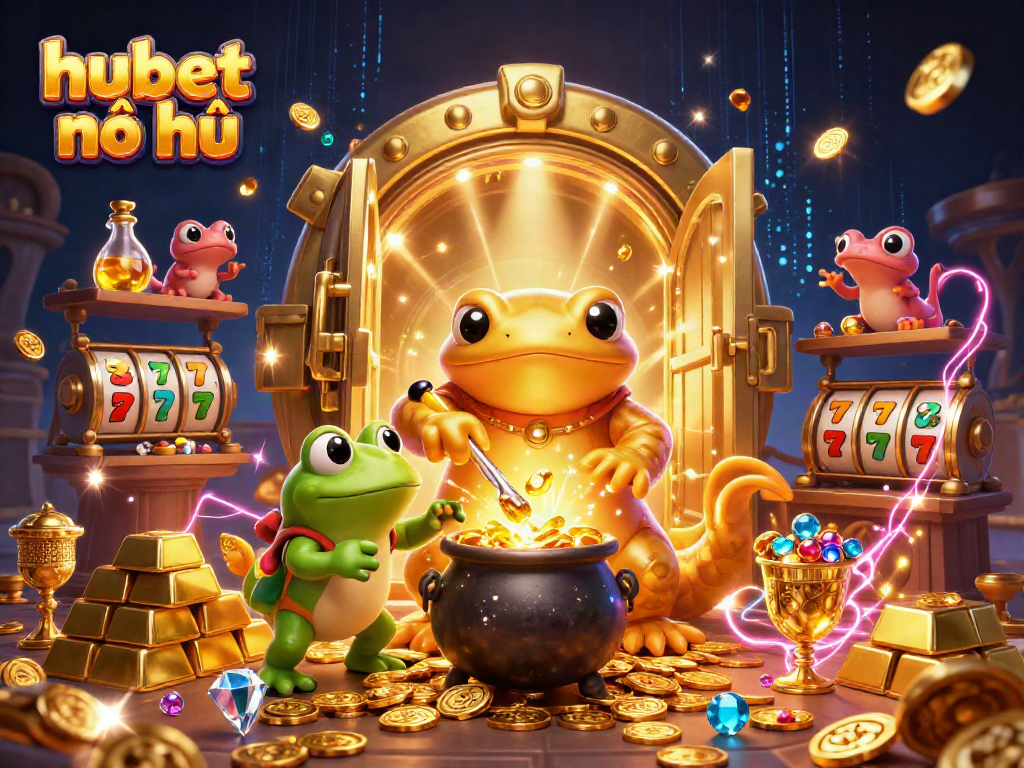 Experience hubet nổ hũ with vibrant scenes of slot games, golden treasures, and thrilling magic.