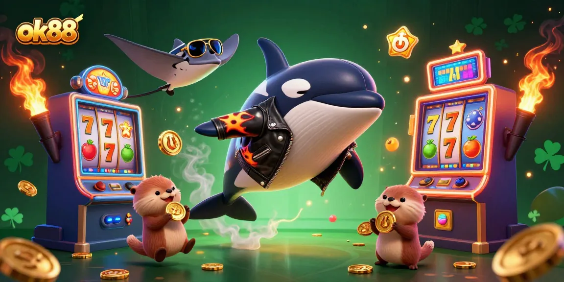 Experience the thrill of ok88 as cartoon sea creatures engage with vibrant slot machines and glowing casino elements.