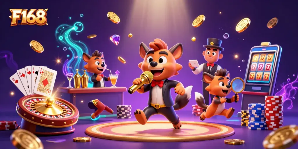 Enjoy thrilling F168 gaming experiences with lively hyena characters in a vibrant casino scene.