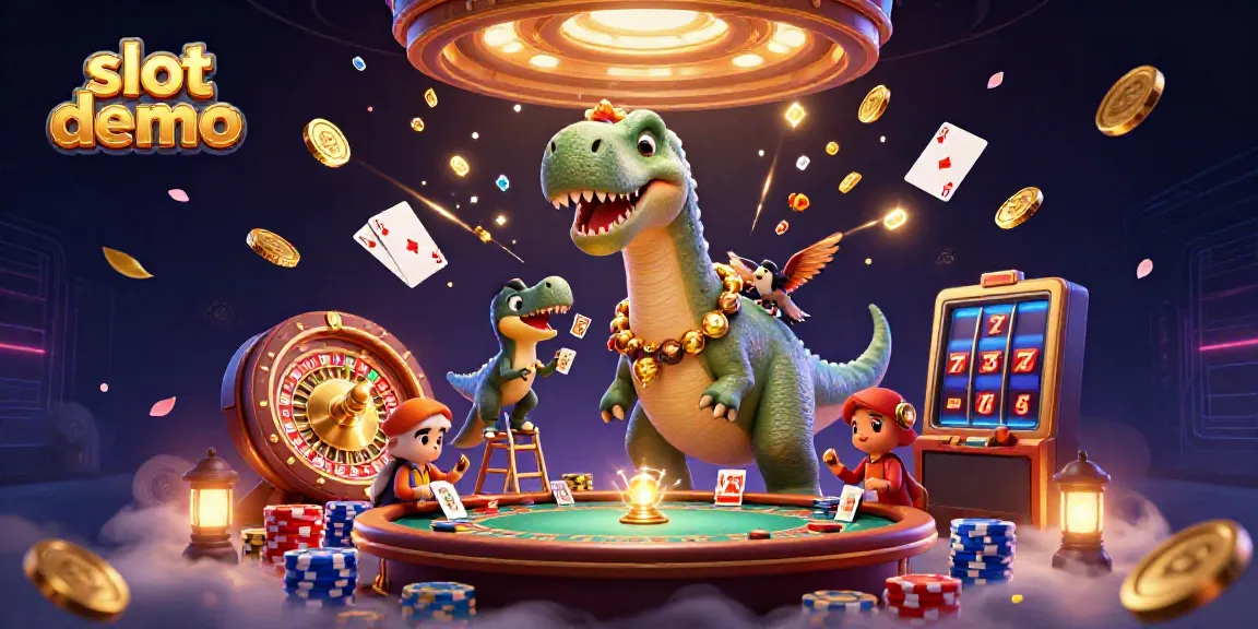 Menggunakan slot demo, dinosaurus berinteraksi di kasino dengan dunia gemerlap dan elemen permainan.
