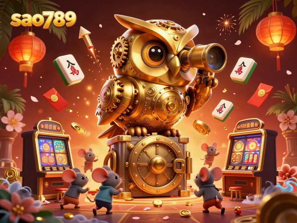 Scan the vibrant casino floor at sao789, featuring a golden owl and lively patrons among dynamic gaming elements.