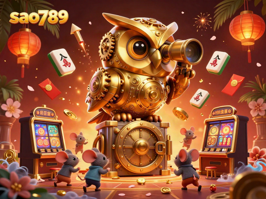 Scan the vibrant casino floor at sao789, featuring a golden owl and lively patrons among dynamic gaming elements.