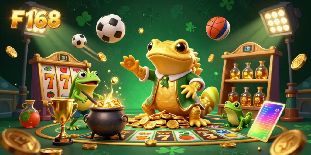 Engage in F168 casino thrills with a giant golden salamander alchemist, gold coins, and dynamic slots.