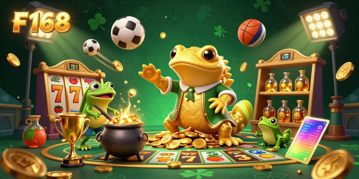 Engage in F168 casino thrills with a giant golden salamander alchemist, gold coins, and dynamic slots.
