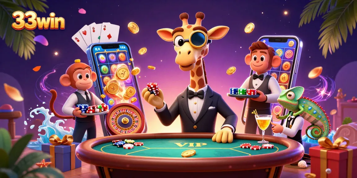 Engage with 33win at a lively virtual casino scene featuring a giraffe, monkey, and chameleon.