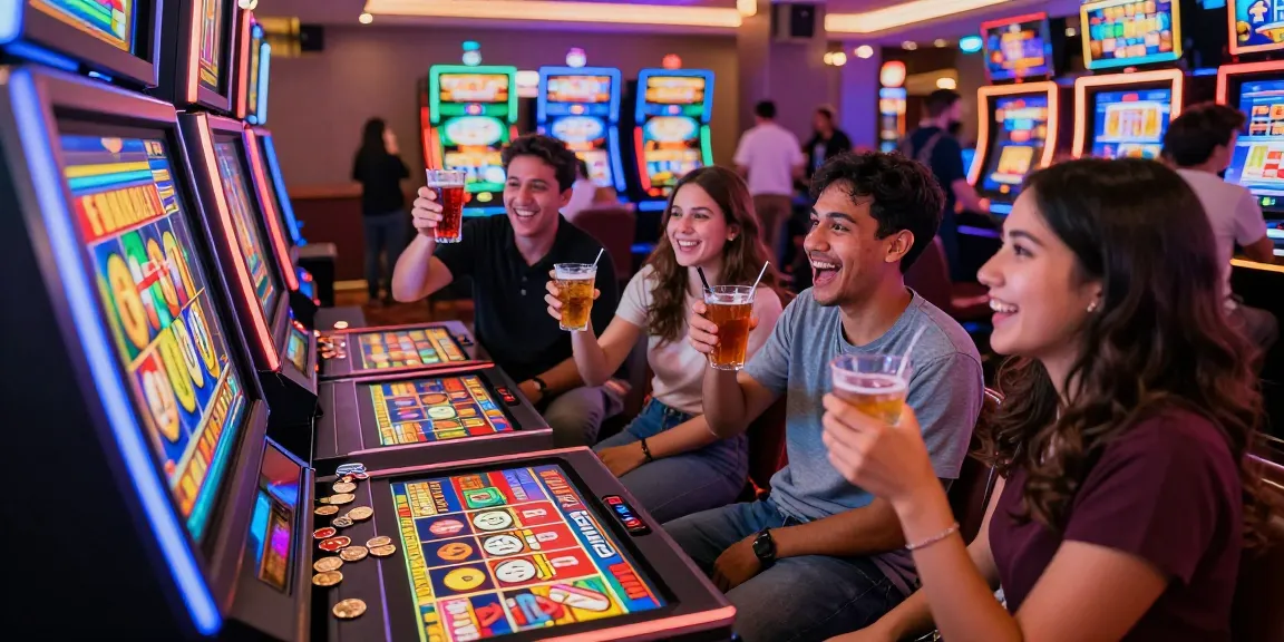 Exciting judi slot gacor scene at a casino with friends celebrating a big win amidst colorful lights and slot machines.