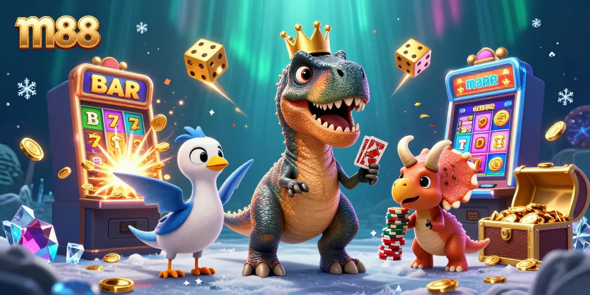 Experience m88 gaming fun with a T-Rex shuffling cards as a pterodactyl assists, surrounded by vibrant casino elements.